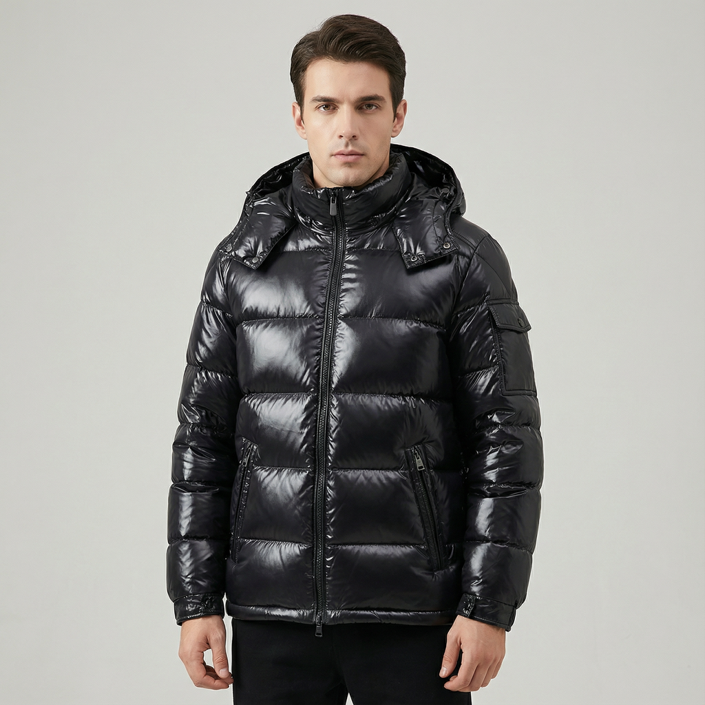 Black glossy winter puffer jacket