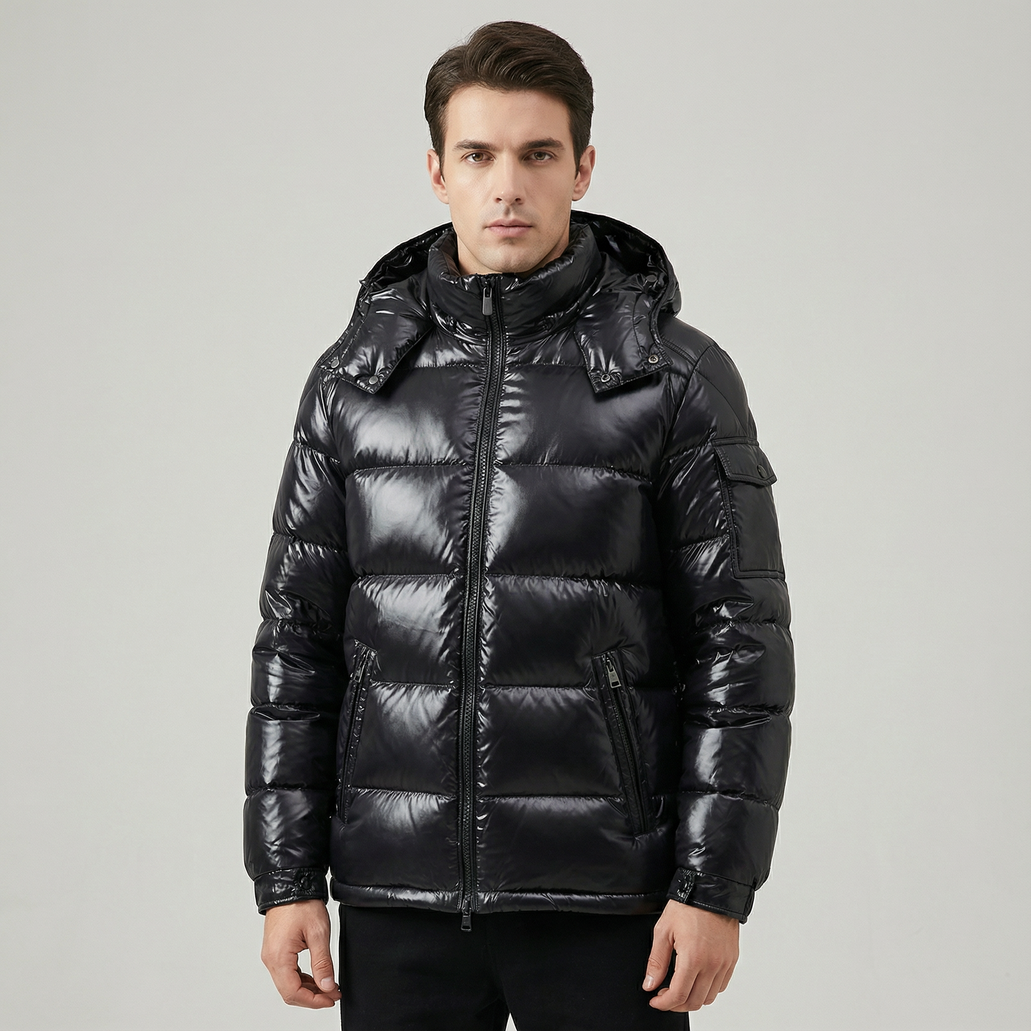 Black glossy winter puffer jacket